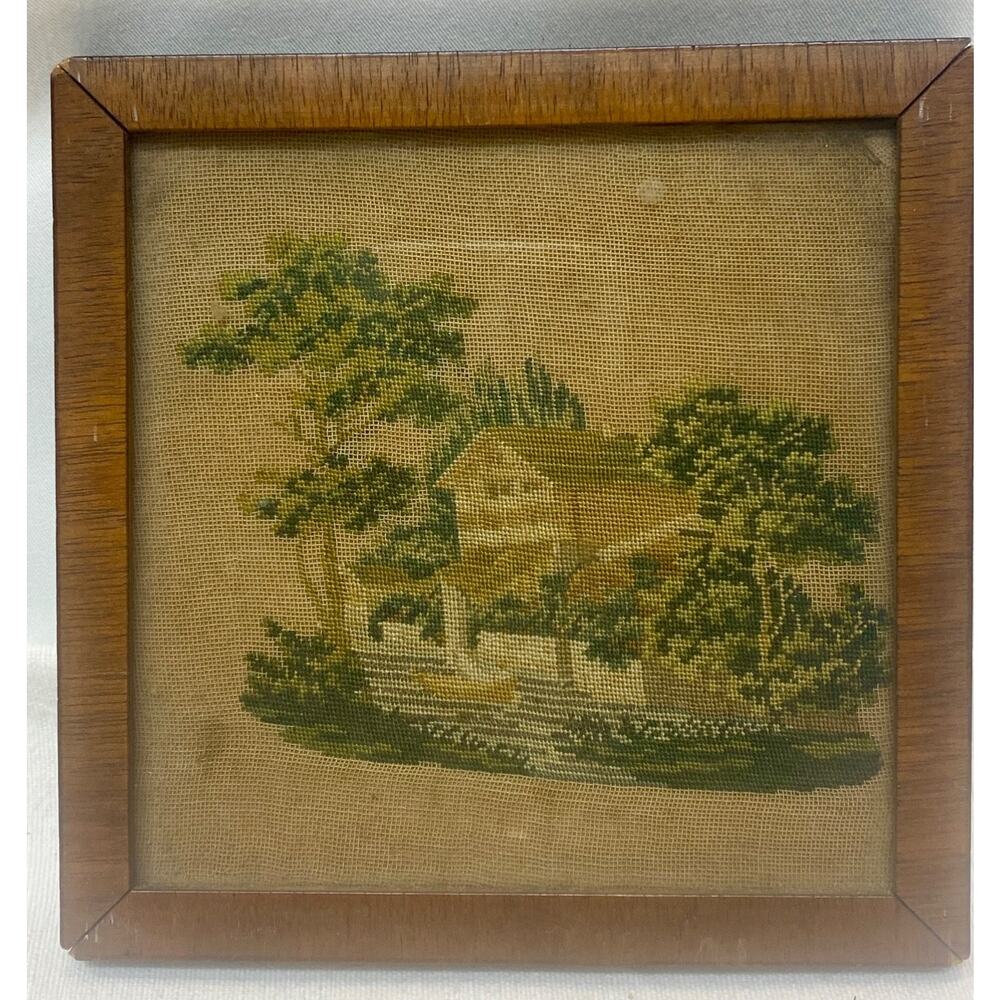 Antique Needlepoint Small Picture Sampler Petit Point